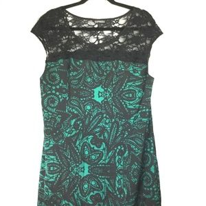 Silky Satin Black Green A Line Dress Lace Paisley